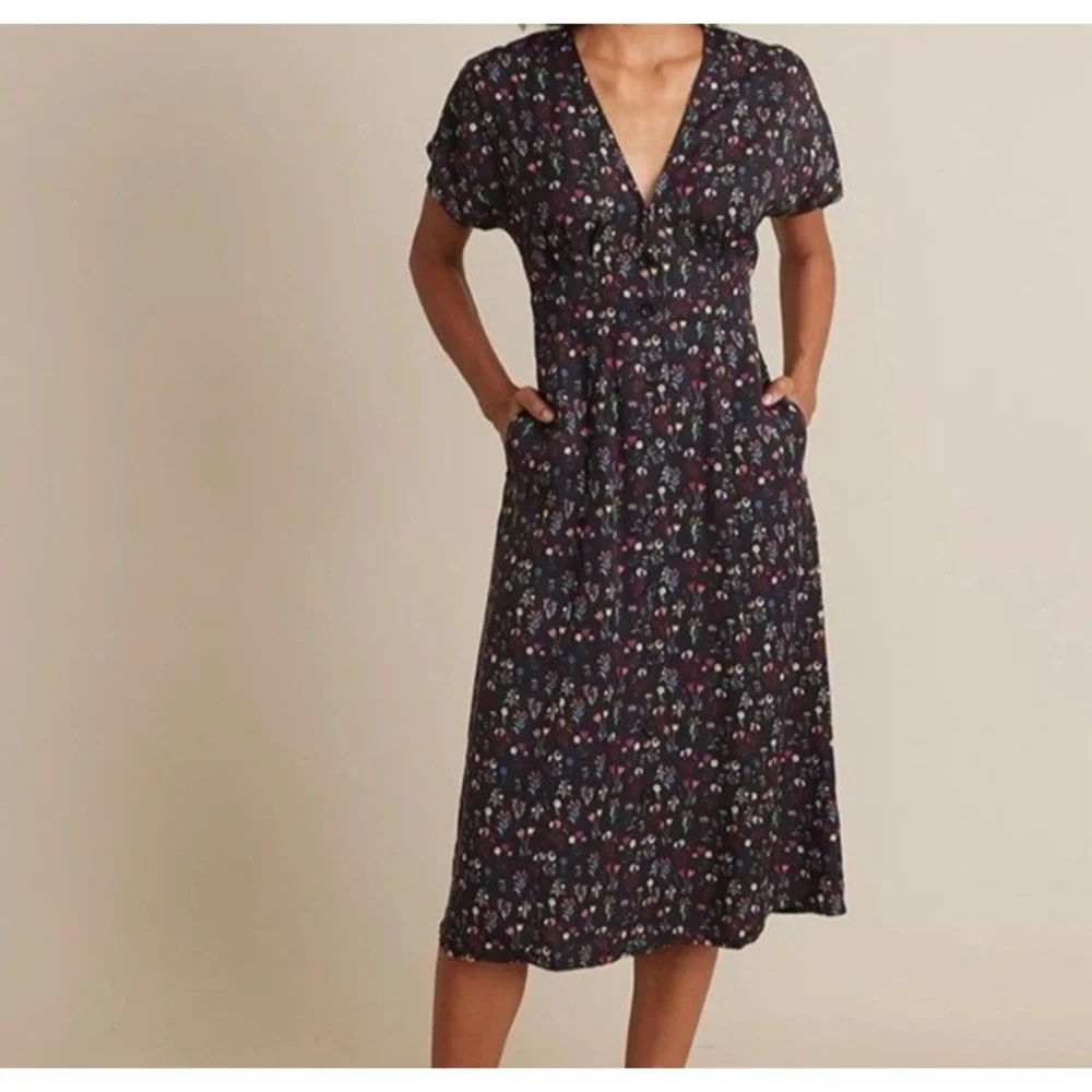 Marine Layer Floral‎ Midi Dress XS Black Whimsigoth Fairy Grunge Tie Back Forest